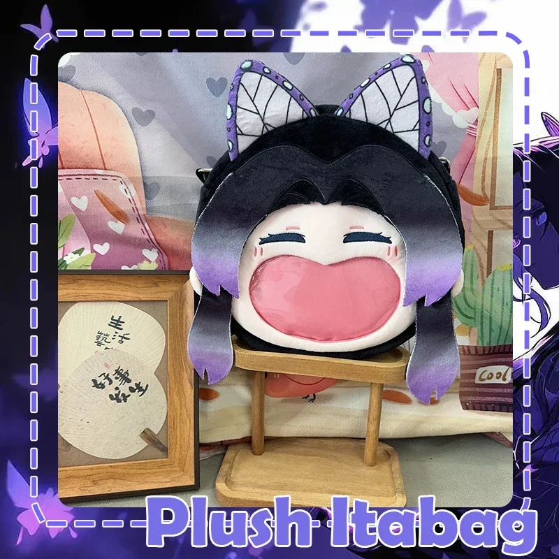 Anime Kochou Shinobu Cosplay bolso de felpa cara risa transparente Itabag dibujos animados mochila Casual diaria púrpura bolso de hombro tipo bandolera