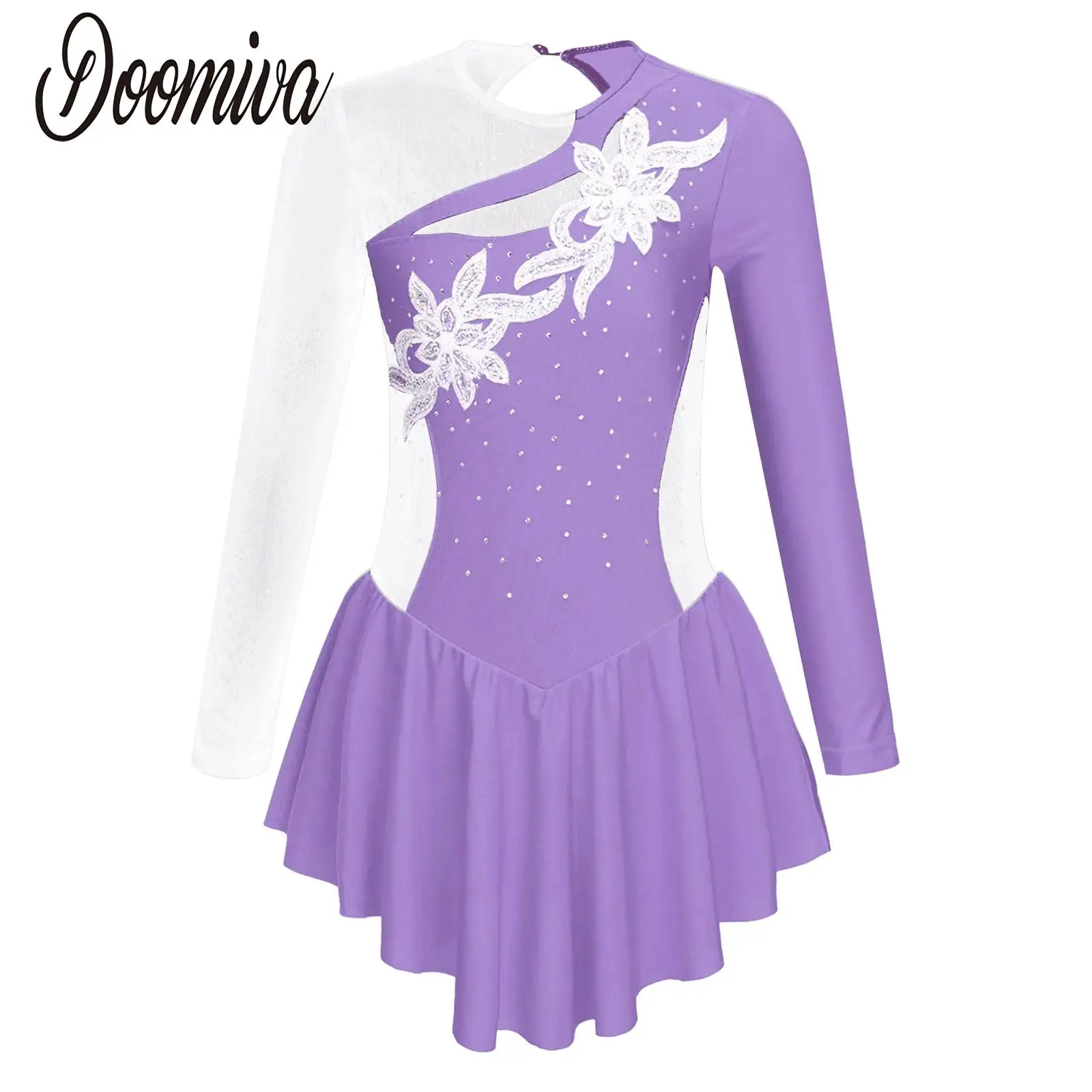 

Big Girls Rhinestones Figure Ice Skating Ballet Dress for Performance Competition Rhythmic Leotard Long Sleeve Dress Dancewear