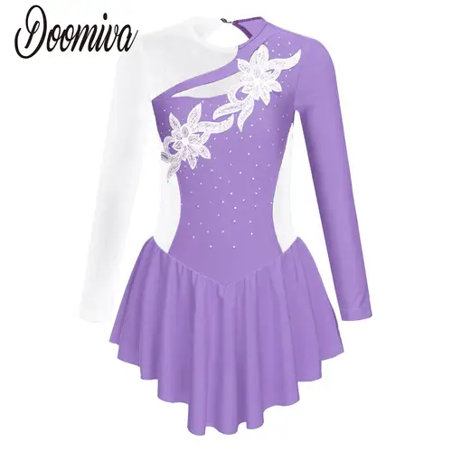 Imagen 1 del producto Vestido de Ballet de patinaje sobre hielo con diamantes de imitación para niñas grandes para competición de rendimiento leotardo rítmico vestido de manga larga Ropa de baile