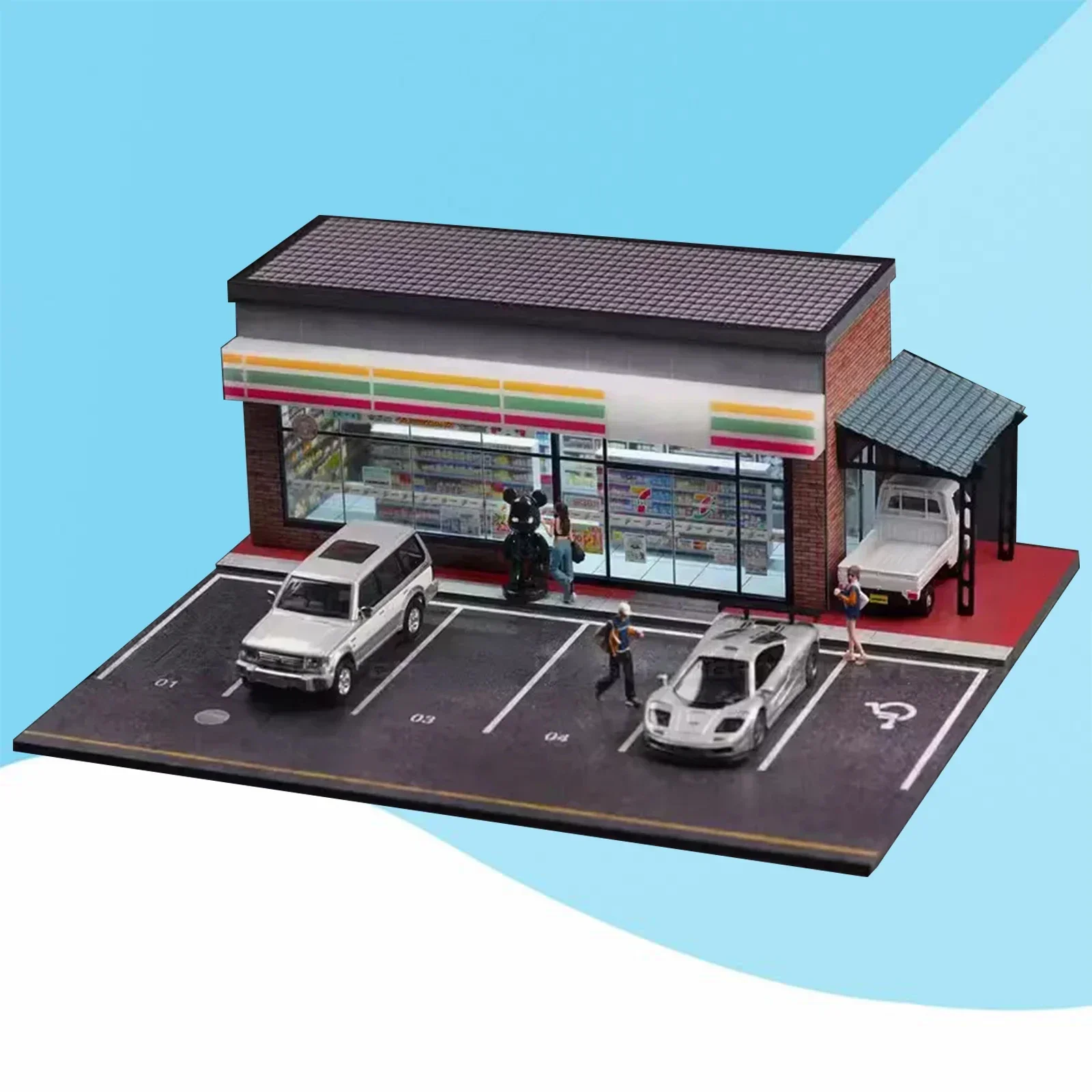 1/64 Miniatures Scale Diorama Car Garage Model City Convenience Store LED Lighting Scene Model Parking Lot for car model Display