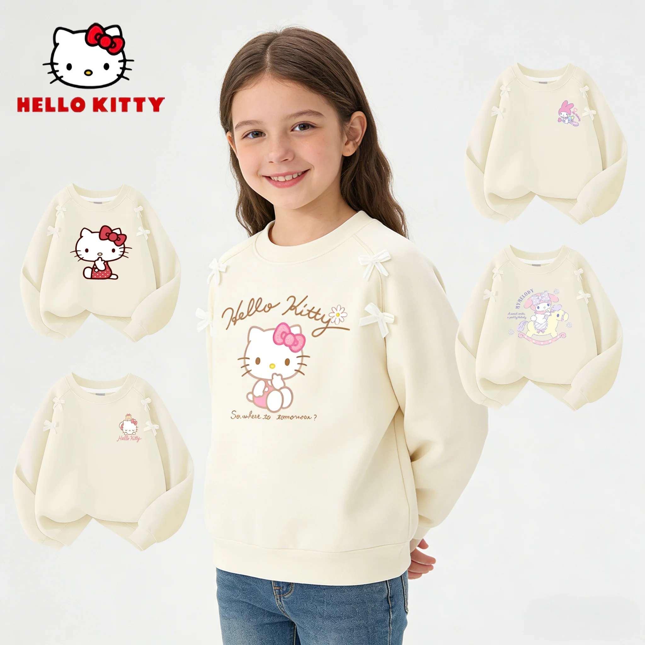 

Hello Kitty детский удобный свитшот с круглым вырезом для девочек, бежевые пуловеры с милым узором, осень-зима, стильная милая милая блузка