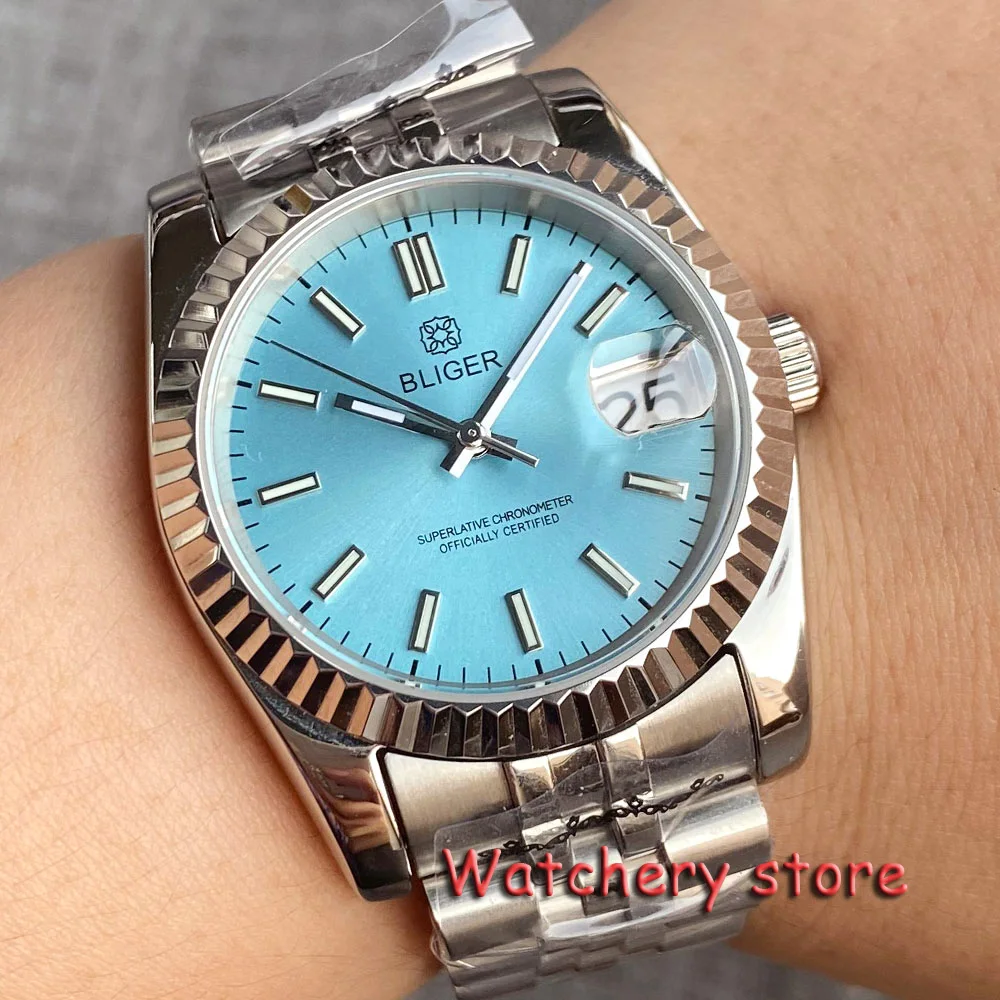 Bliger 36mm 39mm Mechanical Watches for Couple Ice Blue Pink Black Red Dial NH35 Automatic Coin Bezel Date display High accuracy