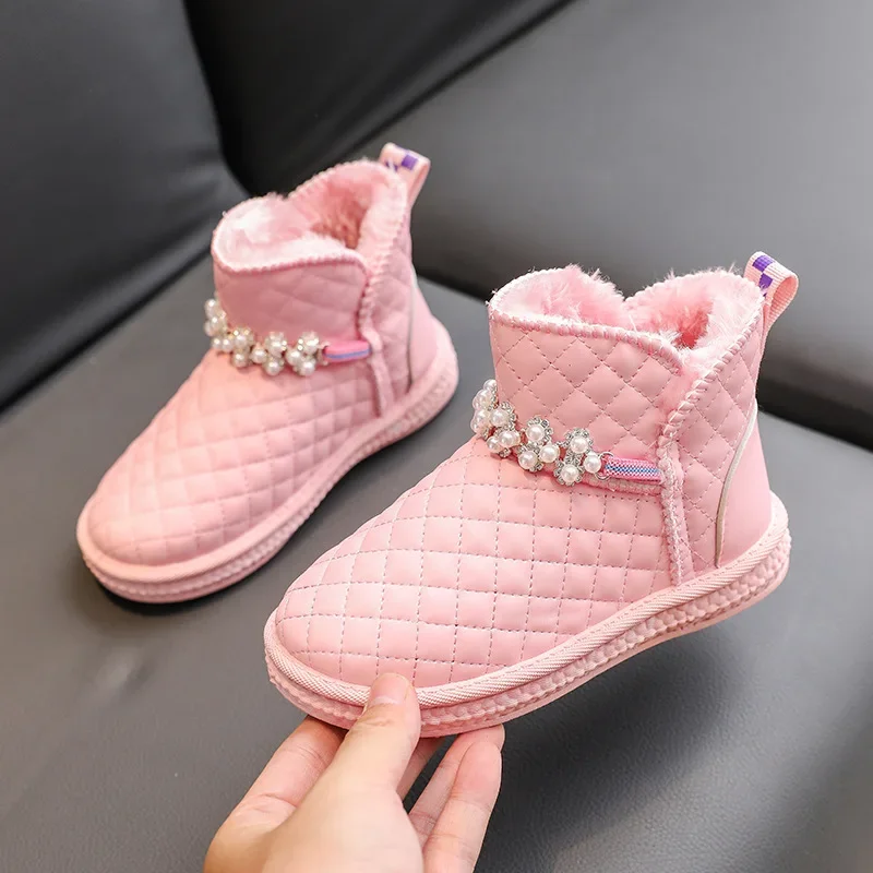 2024 Autumn/Winter New Girls Snow Boots Sweet Pearl Waterproof Kids Outdoor Shoes Non-slip Thick Warm Plush Children Short Boots