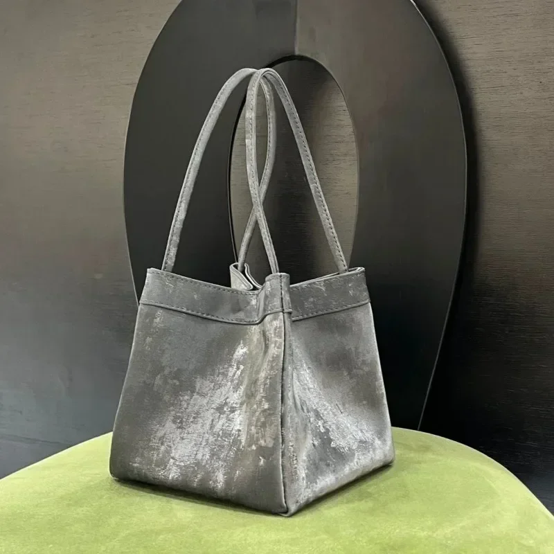 Xiuya Aesthetic Silver Womens Handbag 2024 New Fashion Chinese Style Bucket Bags Small Advanced Vintage Female Crossbody Bag