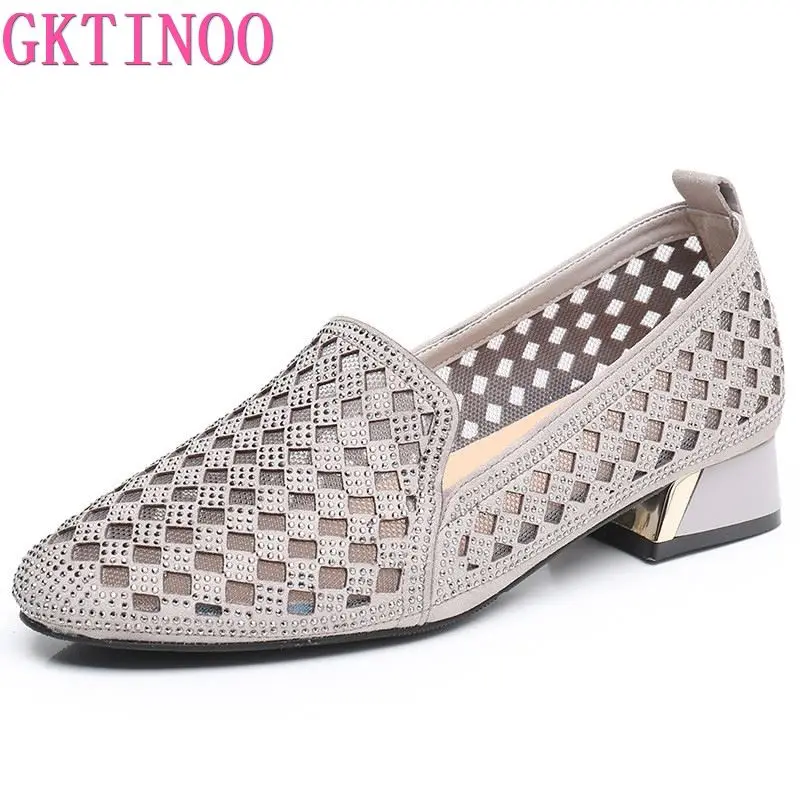 GKTINOO Décolleté da donna in rete Tacchi alti 3 cm Estate traspirante Scava fuori scarpe eleganti Sandali Punta tonda Slip on Big Size 42