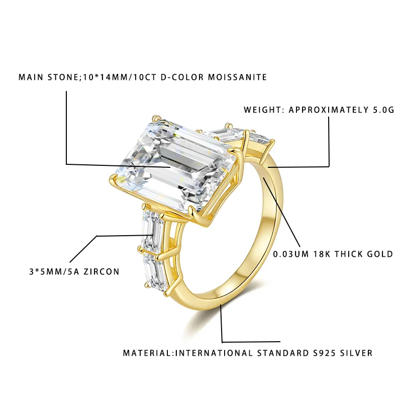 

"10CT D-Color 10*14MM Emerald Cut Moissanite Ring for Women, S925 Silver 18K Gold Plated 5A Zircon Accent Luxury Engagement Wedd
