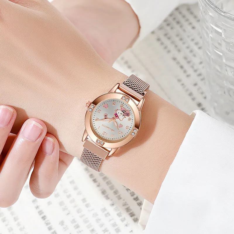 Sanrio Rose Gold Women's Watch - Diamond-Encrusted Dial with Magnetic Milanese Strap, Quartz Student Watch