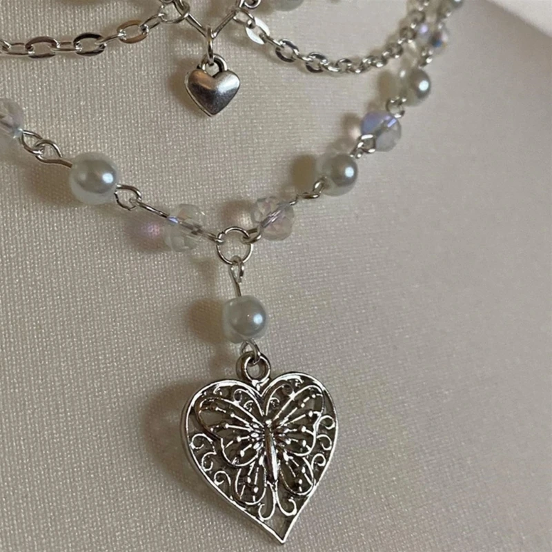 Layered Butterfly Pendant Necklace Multi-layer Simulated Pearl Chain Choker For Women Clavicle Chain Jewelry Ornament