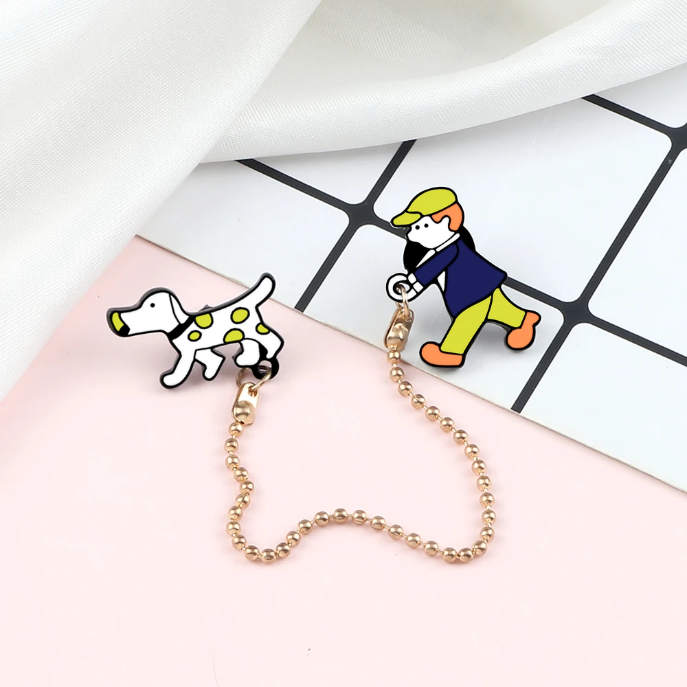 Cartoon Pet Dogs Brooches Cute Hat Boy Walking Dog Enamel Pins Metal Chain Animals Badges Denim Lapel Bag Jewelry Gifts for Kids