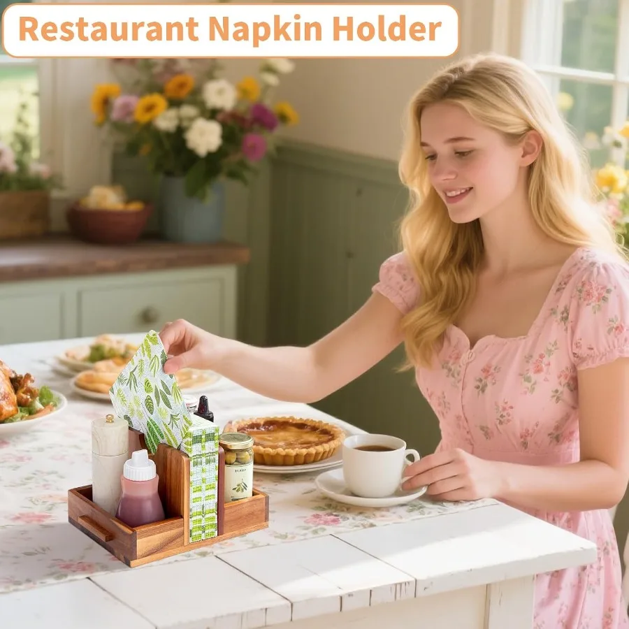 حامل مناديل للطاولة حامل مناديل خشبي مع هزازات الملح والفلفل حامل مناديل ريفي للمطبخ وغرفة الطعام T #3