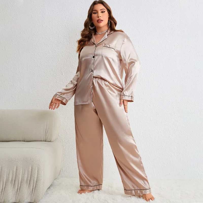 Ladies Spring and Autumn Plus Size Pajamas Ice Silk Thin Trousers Cardigan Imitation Silk Sexy Comfortable Home Suit Solid Color