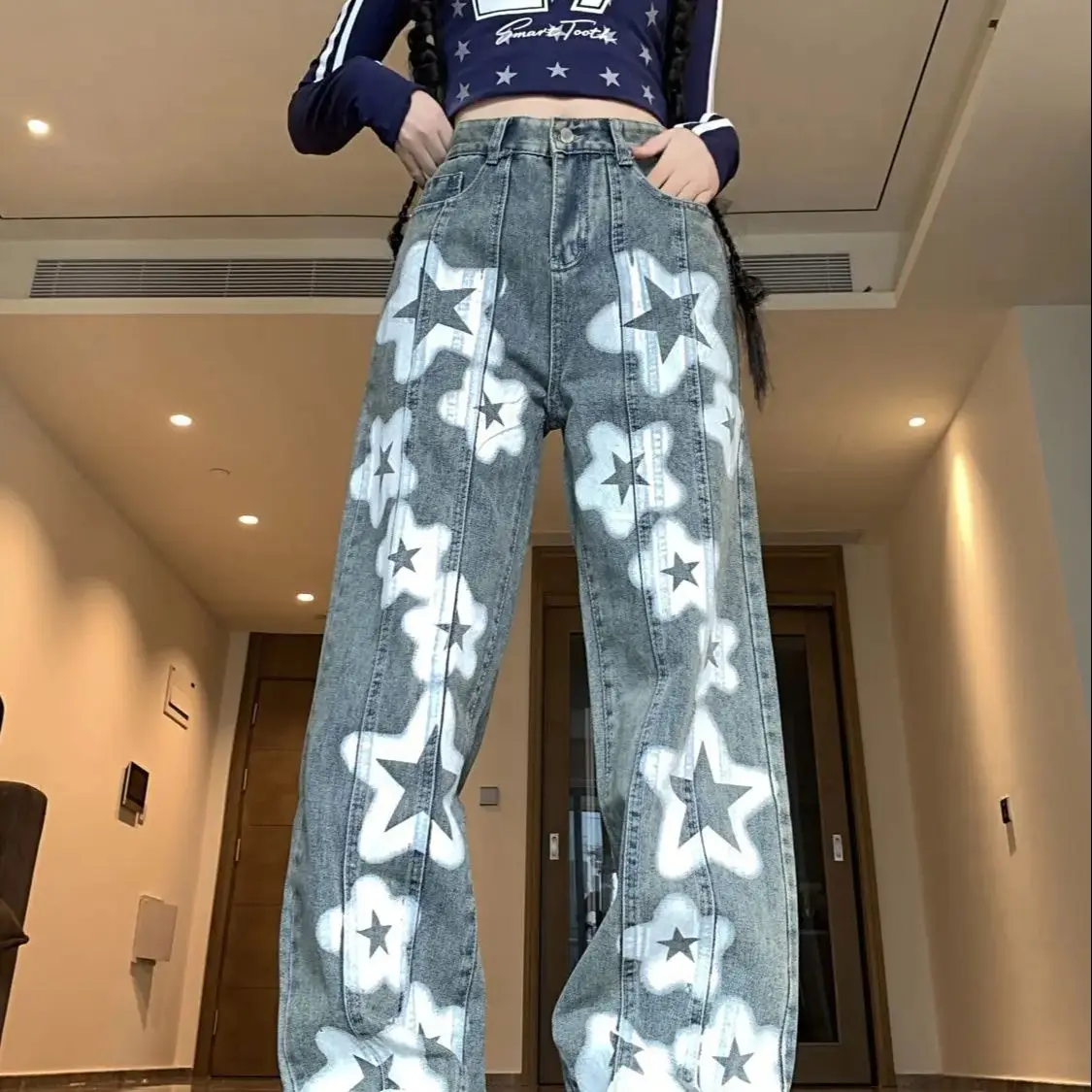 

Printed Straight-Chip Jeans Women Spring High-Waist Slim Loose Design Niche High-Quality Irregular Light-Colored Wide-Leg Pants