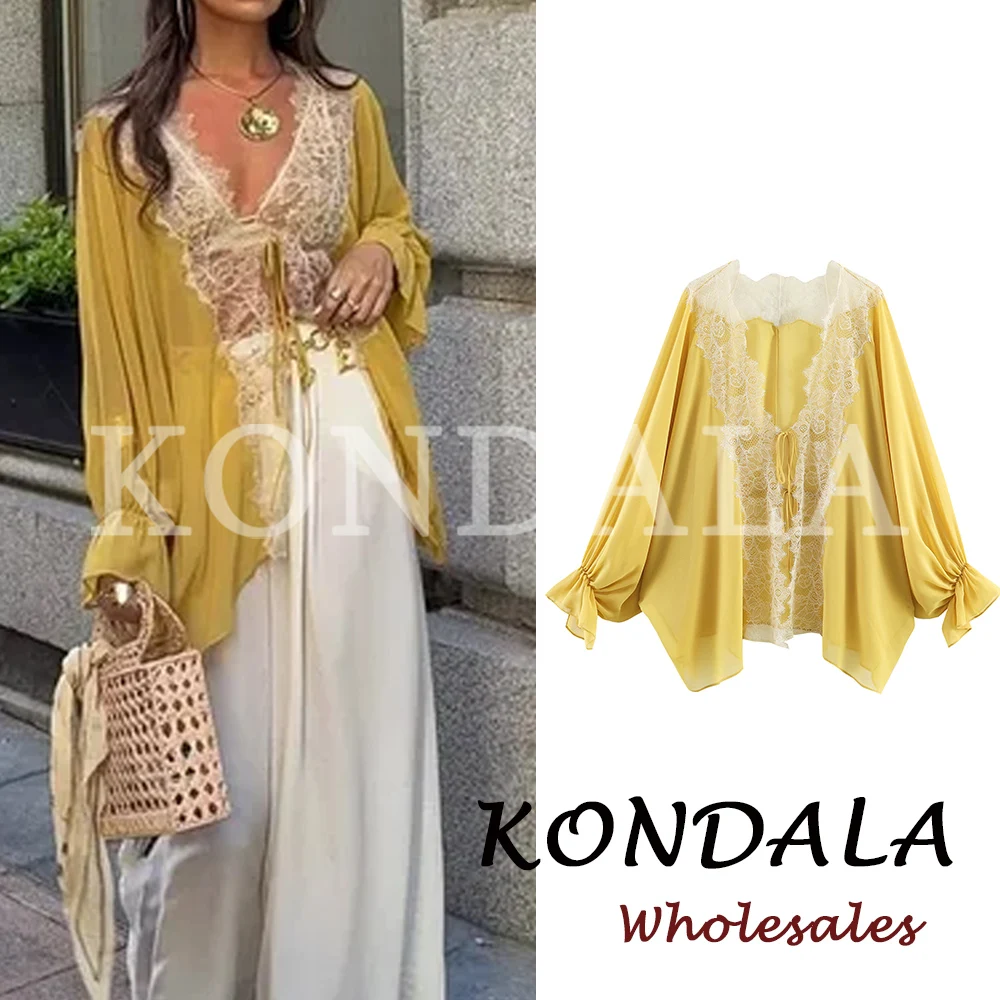 KONDALA Chic Summer Casual Women Lace-up 2026 Loose Patchwork Yellow Lace Blouse Y2K Streetwear Fashion Female Elegant Shirt