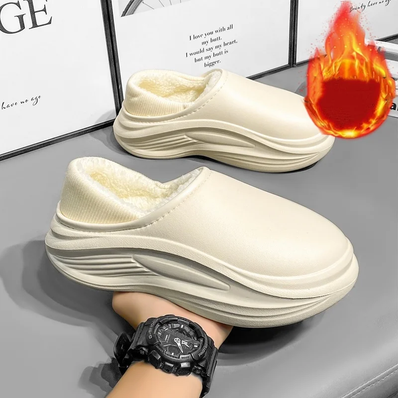 

Men's Cotton Slippers for Autumn and Winter, with Heel, Fleece-Lined, Thickened, Non-Slip, Waterproof, Large Size, Suitable for Outdoor Wear, Warm, Sporty Cotton Shoes