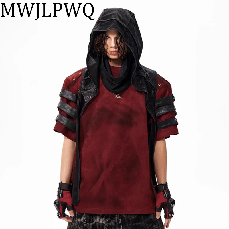 

MWJLPWQ Spliced Leather Dirty Dyed Male T-shits 2025 Summer Rivet Niche Design Round Neck Shoulder Pad High Street Tops 010487