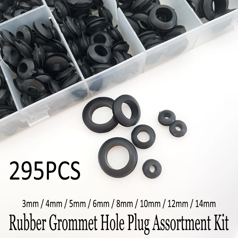 295PCS Flame Retardant Insulating Black Rubber Hole Plugs Dustproof Grommets & Washers Kit Seals Sizes 3/4/5/6/8/10/12/14mm