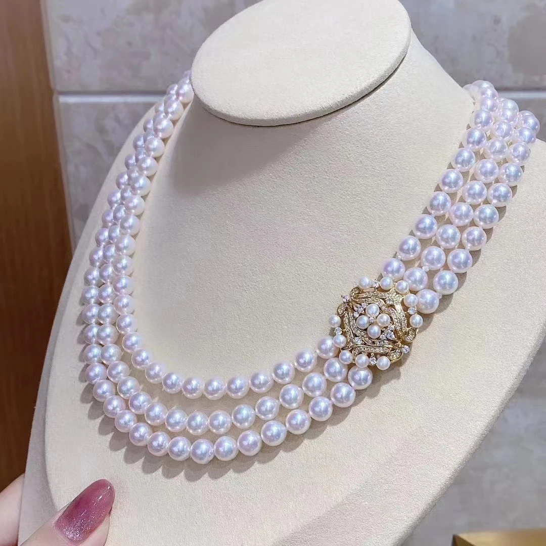 Beautiful three string pearl necklace AAA 8-9mm natural South Sea round beads 925 18 * 19 * 20 inch