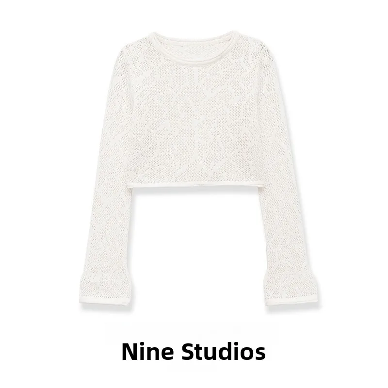 

NINE ZAR Women's Casual Long Sleeve round Neck Knitted Hollow out Top Short Style Comfortable Loose Fit Summer Fashion