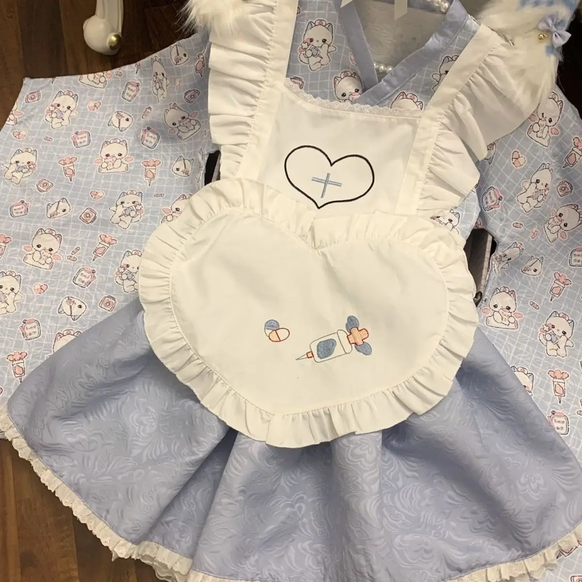 MAGPGP Abbigliamento donna giapponese Set da due pezzi Manica svasata Volant Grembiule Vita alta Abito a trapezio Abiti Stampa carina Abito dolce