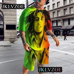 Letni męski dres zestaw Oversized Bob Marley letni 2-częściowy strój sportowy koszulka męska spodenki dorywczo Reggae garnitur muzyczny