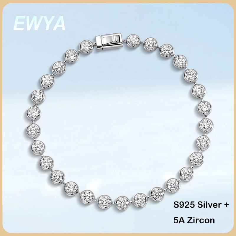 

EWYA Round Bezel Full 3.5mm 5A Zircon Tennis Bracelet for Women Lady S925 Silver Plated 18K Gold High Carbon Gemstone Bracelets