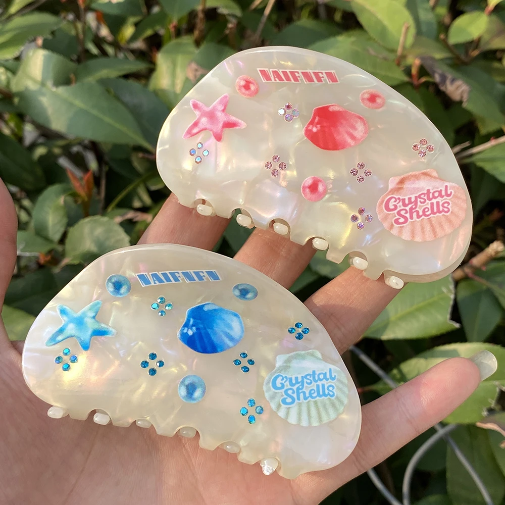 

New Pink Blue Shell Starfish Printed Rhinestone Crab Hair Clip Claw For Women Chic Hairpin Barrette Hair Accessories Tool Gift