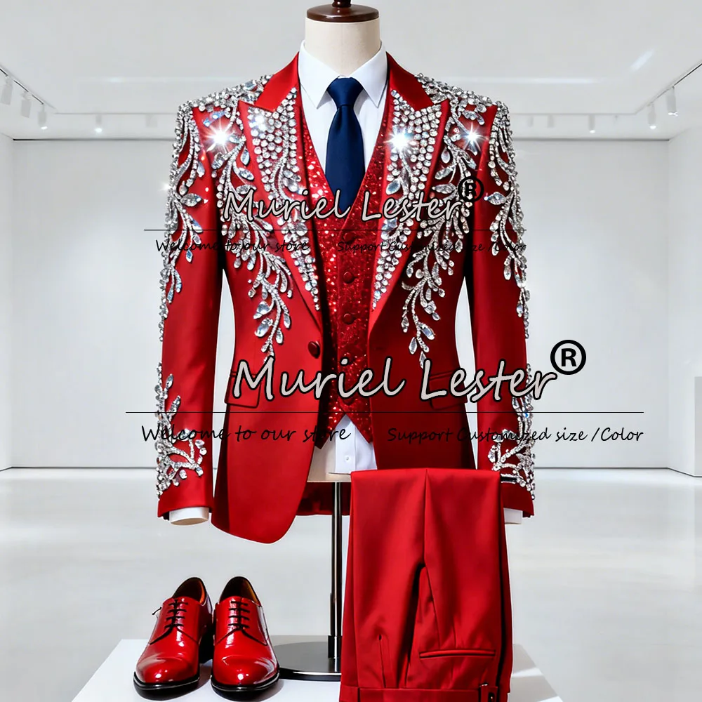 

Elegant Wedding Tuxedos Luxury Rhinestones Beaded Men Suits Slim Fit Ropa Hombre 2 Pieces Sets Customized Groom Blazers Outfits