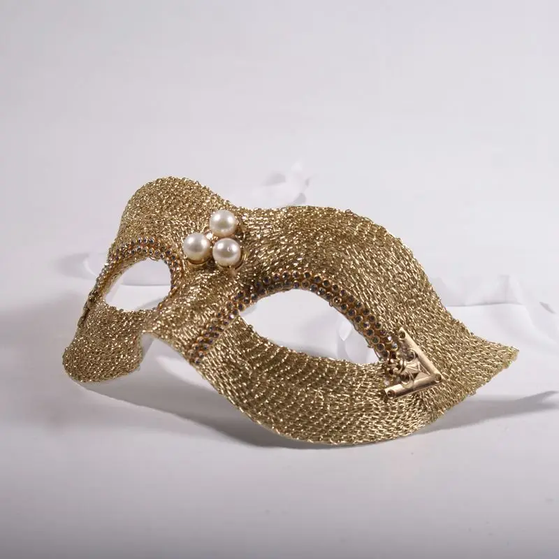 Gold Half Face Masquerade Mask with Pearl Rhinestone, Venetian Style for Halloween Party Ball, Wedding Cosplay for Adults & Kids 4