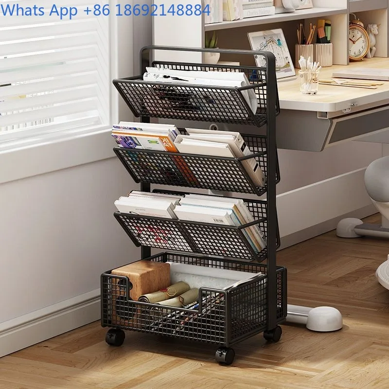 

Bookshelf Floor-standing Movable Desk Book Storage Rack Student Bookcase Office Organizer Trolley with Wheels