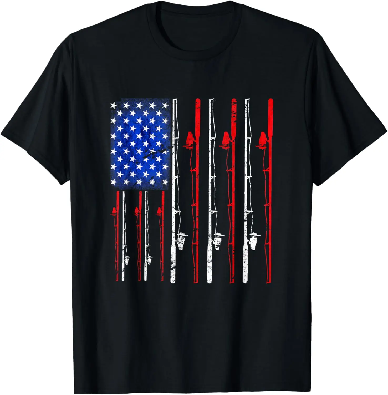 

Fishing Rod American Flag Graphic Tee Men Breathable Cotton Patriotic Short Sleeve T-Shirt