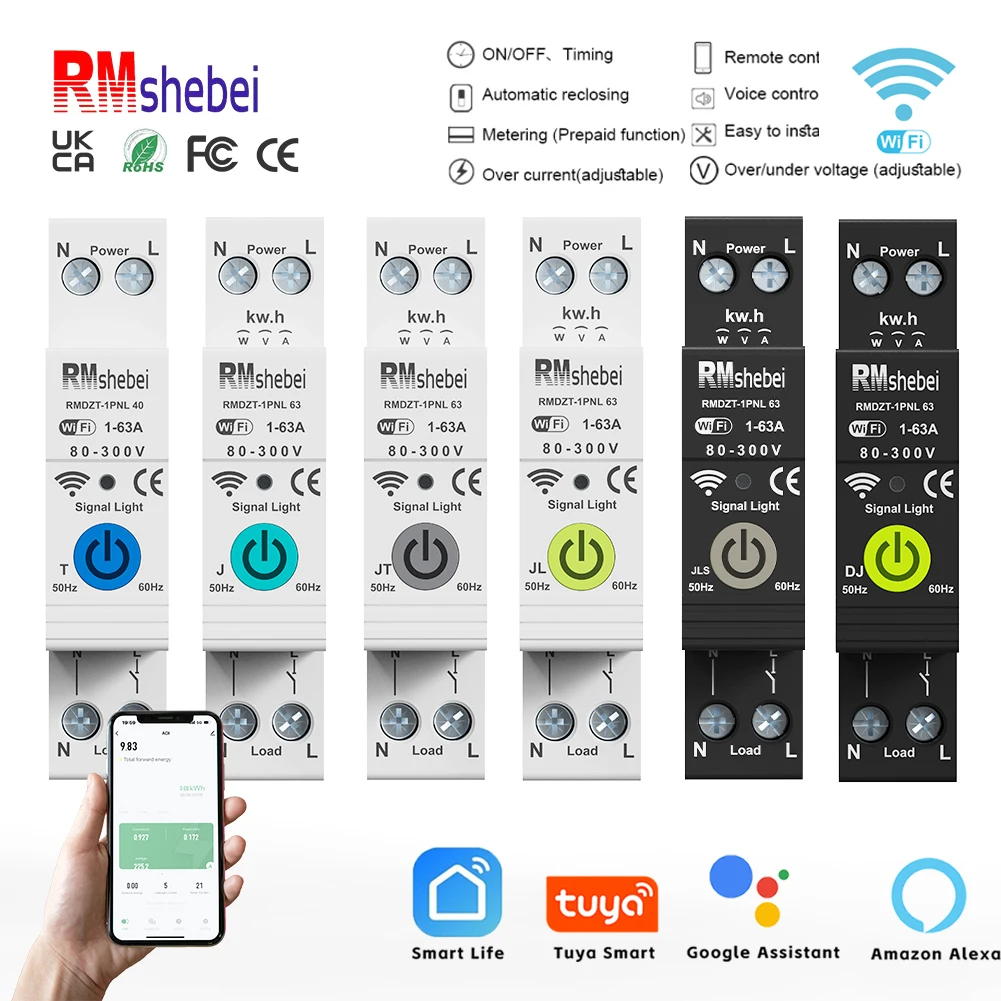 Tuya WiFi Smart Circuit Breaker MCB 1P+N 63A Timer Power Energy kWh Voltage Current Meter Protector Voice Remote Control Switch