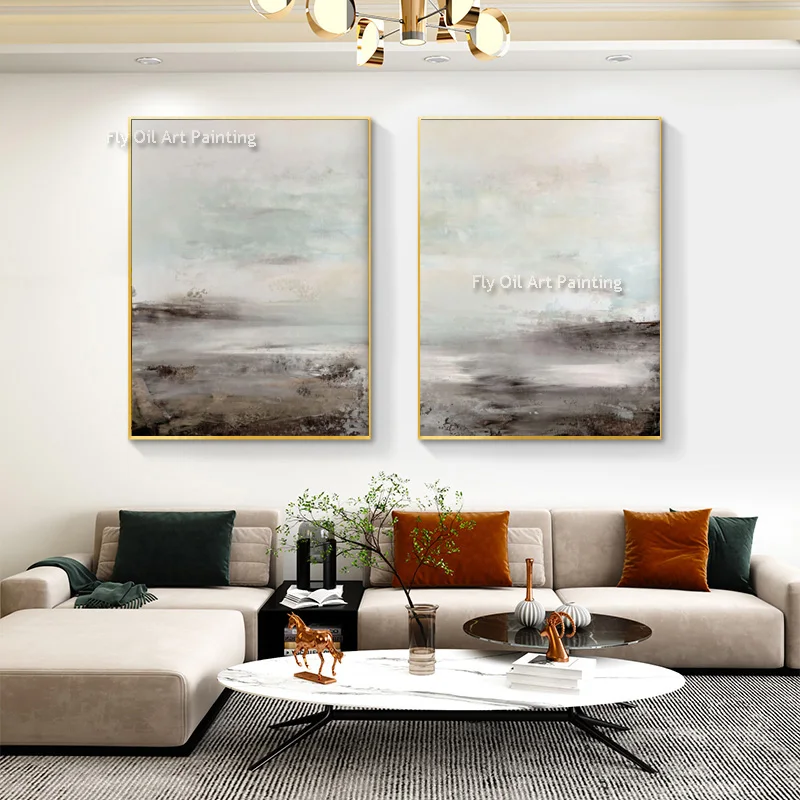 New Popular Grey Black Abstract Landscape Artwork On Canvas Simple Set Of Two Oil Painting For Living Room Decor As Gifts