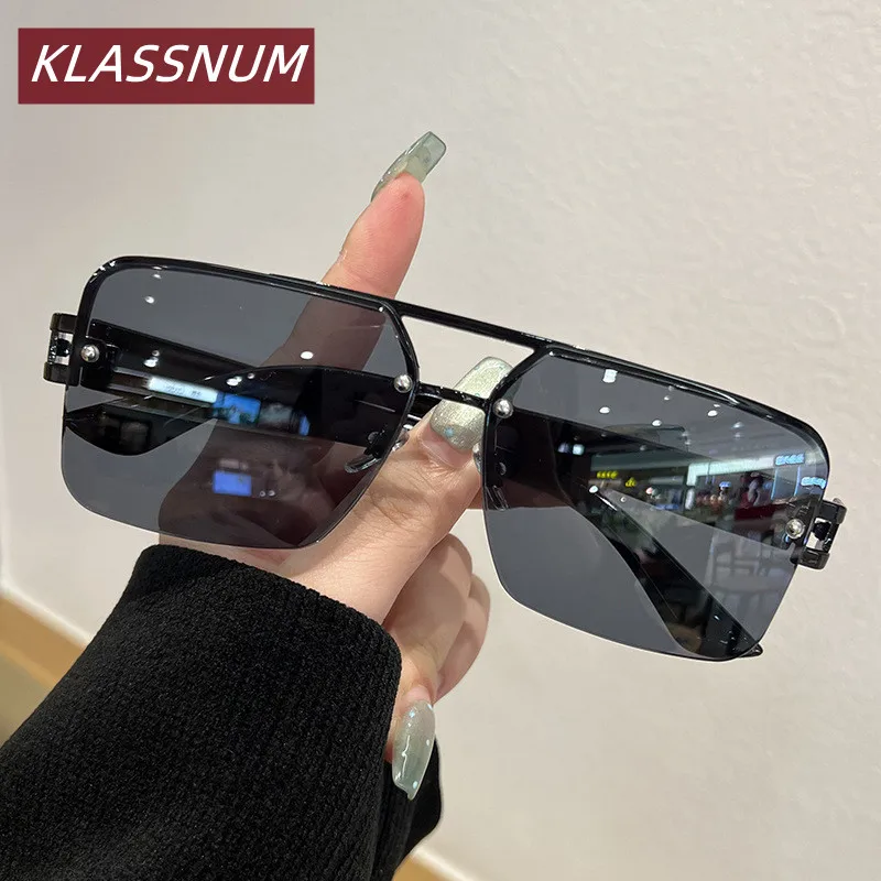 KLASSNUM Eyewear Sunglasses Women Men Summer Beach Large Metal Square Frame Sun Glasses Fashion Party Eyeglasses Driving Goggles