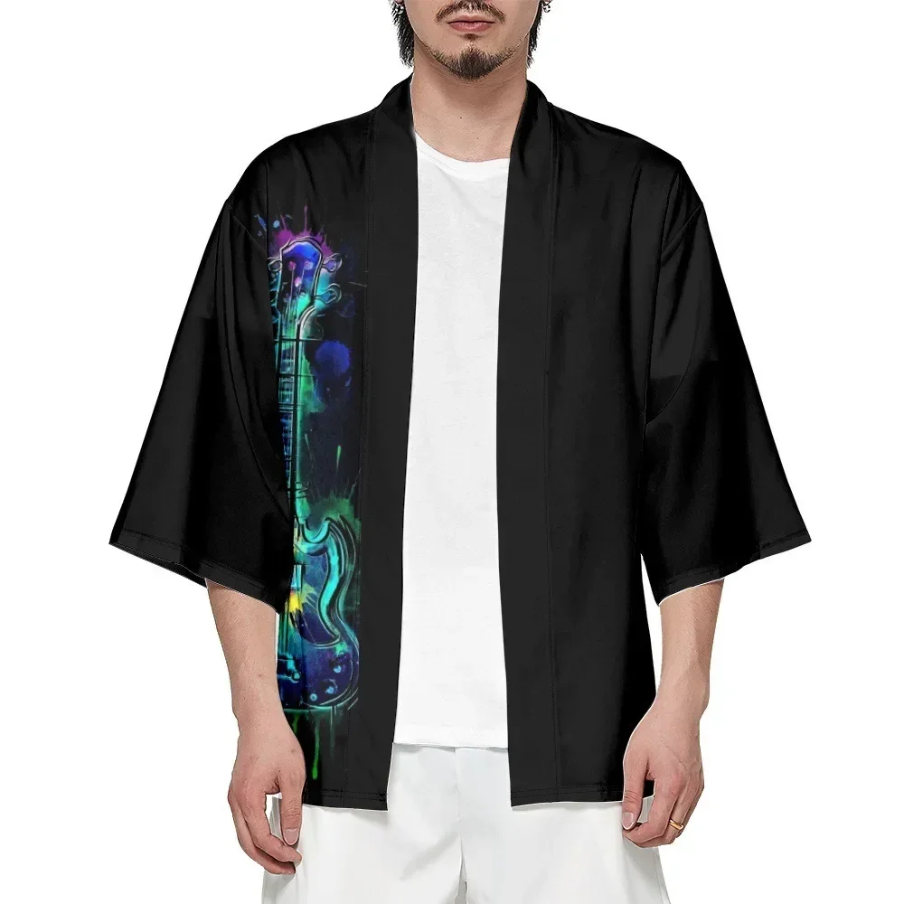 Summer Samurai Kimono Cosplay Music Guitar Print Haori Japanese Fashion Streetwear Kimono Men Yukata Cardigan New Robe Hot Sale