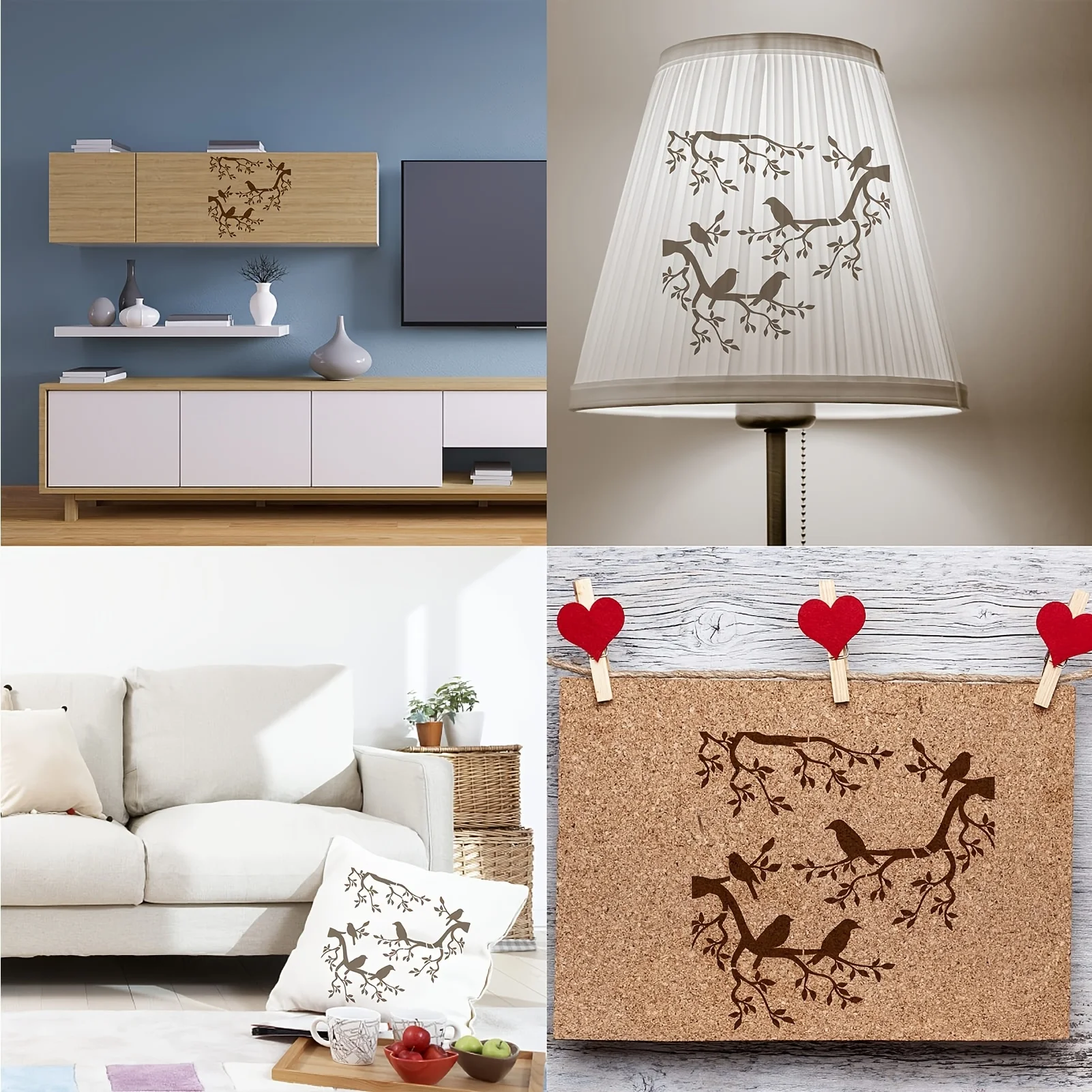 대형 11.8x11.8 인치 트리 스텐실 버드 디자인 재사용 가능한 잎 실루엣 벌새 스텐실 홈 장식 및 공예용