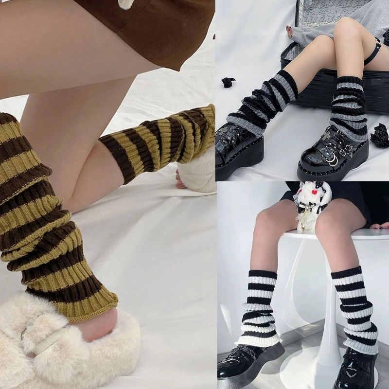 Women Chunky Ribbed Knit Leg Warmers Gothic Striped Print 90s Boot Socks