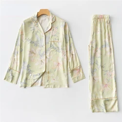 2022 Spring New Rayon Satin Pajamas Women Green Lily Comfortable Breathable Long-sleeved Home Clothes Viscose Print 2 Piece Set