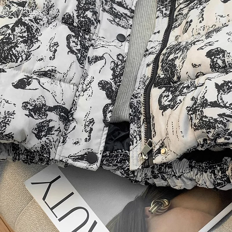 レディース 2025 冬物 大きいサイズ ショート丈 コットン服 プリント柄 長袖 ゆったり カジュアル 防風 ブレッドジャケット パーカー トップス w959