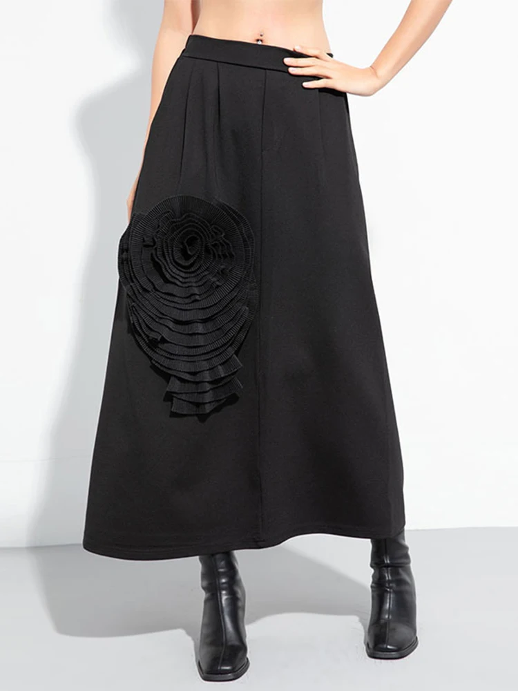 [EAM] High Elastic Waist Black Three-dimensional Flower Casual Half-body Skirt Women Fashion Tide New Spring Autumn 2024 1DH5073