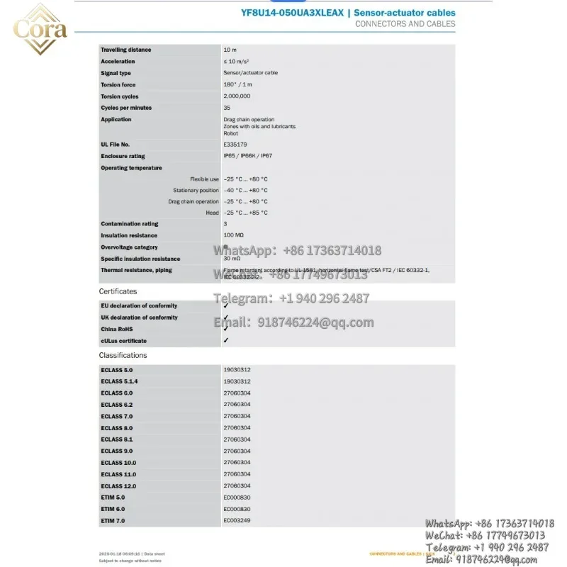 SICK Brand YF8U14-050UA3XLEAX order no. 2094792 Sensor-actuator cables CONNECTORS AND CABLES sensor
