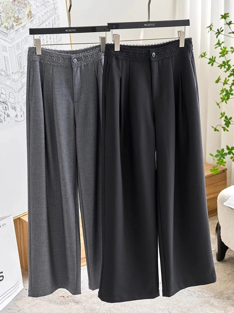 

Anti-Wrinkle Lace Trimmed Wide Leg Casual Pants Women's Summer High Waist Straight Cut Polyester Fiber Thinming Trousers