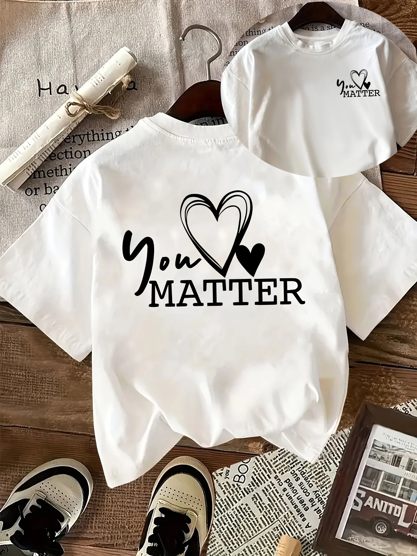 [Front and Back Double-Sided Print] Women'S Casual English Letter Love Heart Line Design Print Casual Round Neck Short Sleeve