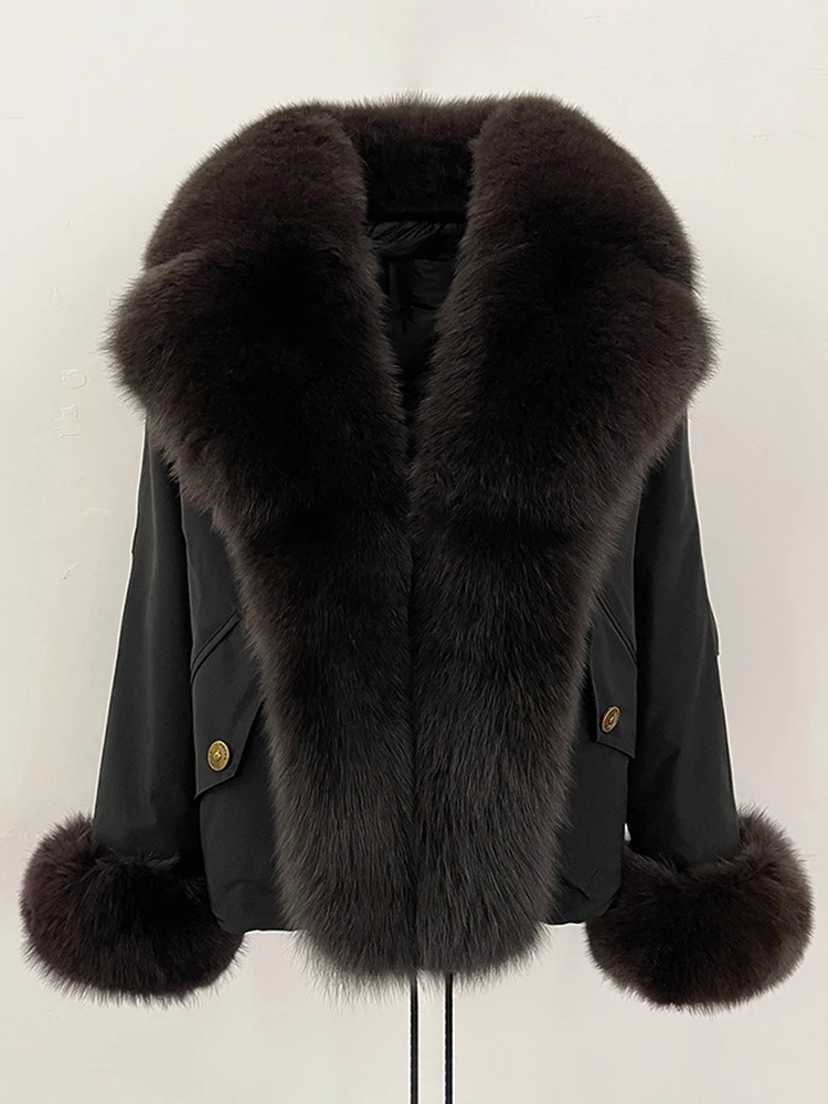 2025 여성용 따뜻한 퍼 커프스 패딩 재킷 패션 빅 리얼 폭스 퍼 칼라 다운 코트 신상 방수 가을 겨울 의류 여성용