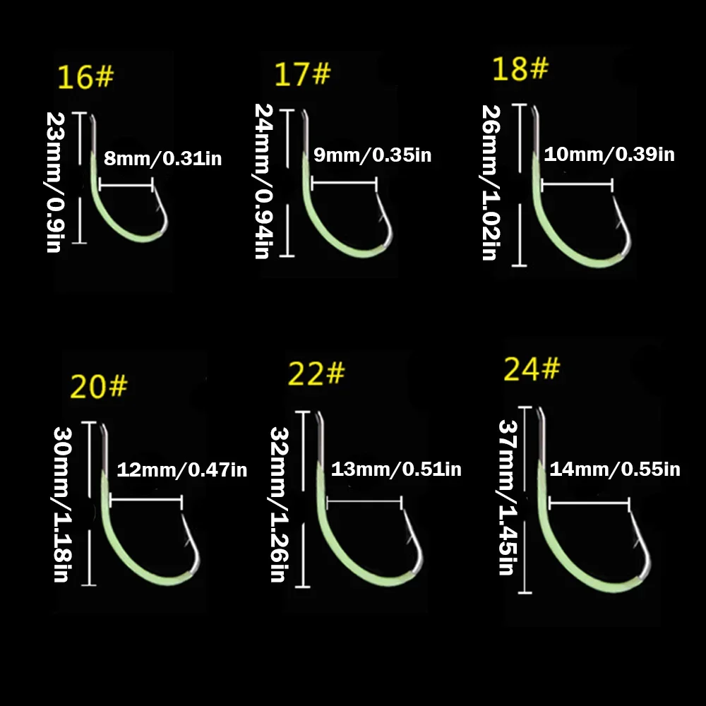 30pcs/lot Night Fishing Hook Glow In Dark String Hooks 16-24# Luminous Crank Nake Single Fishhook Freshwater & Saltwater