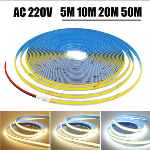 LED Strip 220V COB 5M 10M 20M 50M/Roll COB Strip AC 220V 240Leds/M IP20 3000K 4000K 6000K Driver Build In Home Decor Flexible Ribbon Rope LED Light