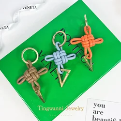 New Knitted Sheepskin Chinese Knot Car Keychain Women's Genuine Leather Car Key Pendant High End Gift Pendant Crochet Key Holder