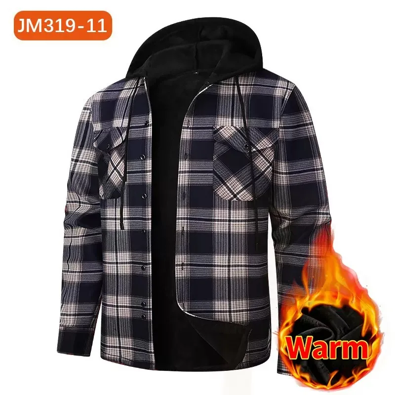Autumn and Winter Fashion Trend Fleece-Lined Thickened Warm Hooded Plaid Shirt Men's Casual Loose High-Quality Long-Sved Shirt