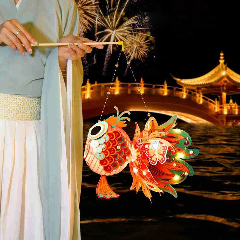 1 Set Handmade Chinese New Year Mid-autumn Festival Goldfish Paper Lantern Set For Night DIY Lantern With Carrying Pole