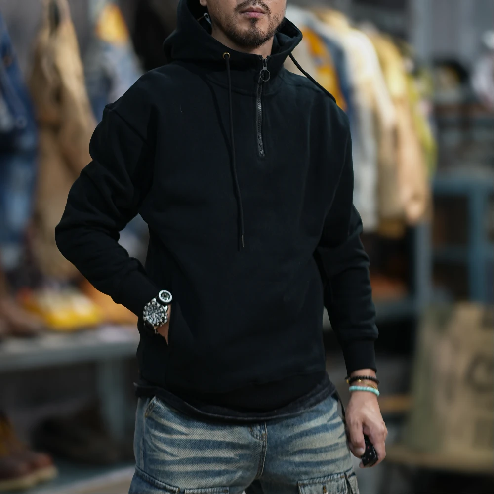 Hipster Autumn-winter heavy American retro hoodie men\'s hooded zipper thick loose pullover jacket