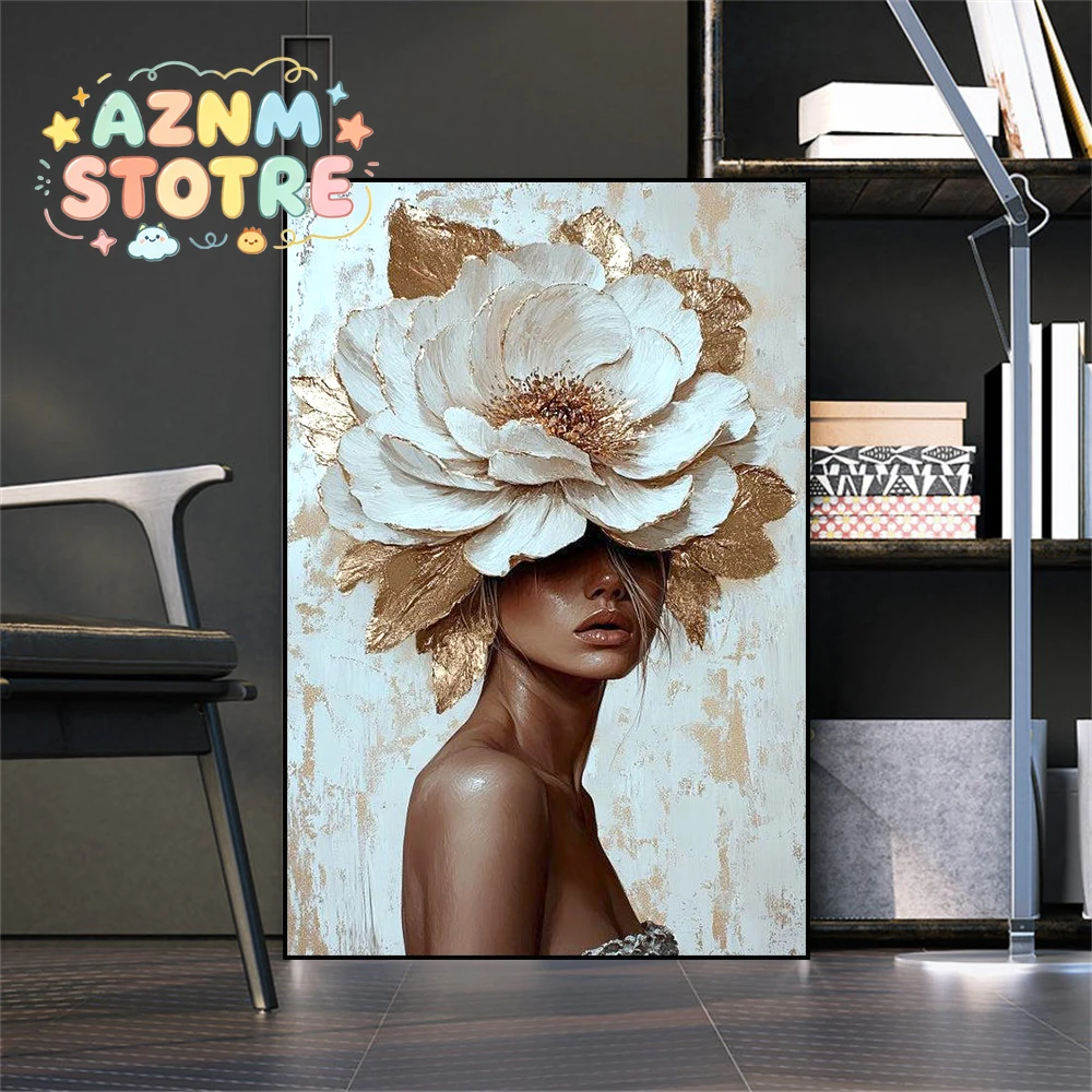Blumen auf Kopf Drucke Leinwandgemälde Wandkunst Poster Heim Schlafzimmer Dekoration Modernes Frauenporträt Golden